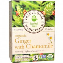 Traditional Medicinals, Herbal Teas, Organic Ginger with Chamomile, Naturally Caffeine Free, 16 Wrapped Tea Bags, .85 oz (24 g)