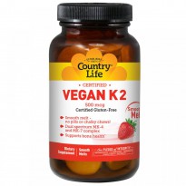 Country Life, Vegan K2, Strawberry, 500 mcg, 60 Smooth Melts