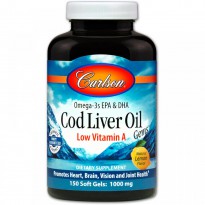 Carlson Labs, Cod Liver Oil Gems, Low Vitamin A, Natural Lemon Flavor, 1,000 mg, 150 Soft Gels