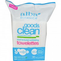 Alba Botanica, Good & Clean, Dual Textured Exfoliating Towelettes, Oil Free, 30 Wet Towelettes