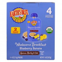 Earth's Best, Wholesome Breakfast, Organic Blueberry Banana Flax and Oat Pouches, 6 + Months, 4 Pack, 4.0 oz (113 g) Each
