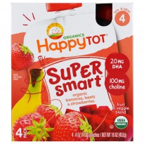 Nurture Inc. (Happy Baby), Organics Happy Tot, Stage 4, Super Smart, Fruit & Veggie Blend,  Organic Bananas, Beets & Strawberries, 4 Pouches, 4 oz (113 g) Each