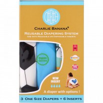 Charlie Banana, Reusable Diapering System, One Size Diapers, Boy, 3 Diapers + 6 Inserts